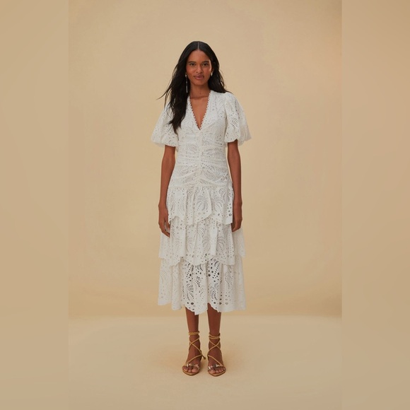 FARM Rio Dresses & Skirts - Farm Rio White Cotton Eyelet Puff Sleeve Midi Dress
